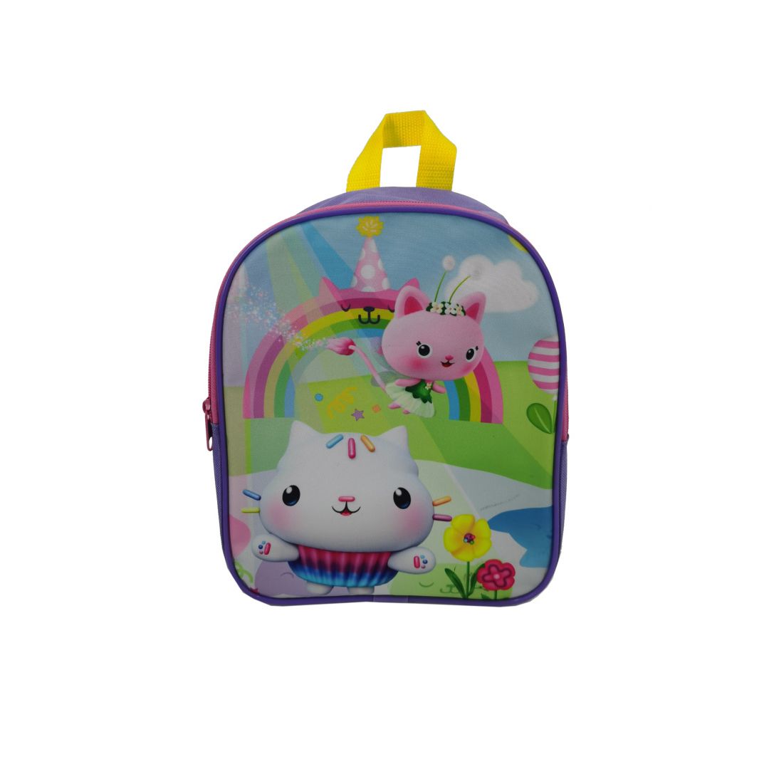 Bunter Kindergartenrucksack Katzenhaus Gabi mit Druck von zwei Kätzchen und einem Regenbogen.