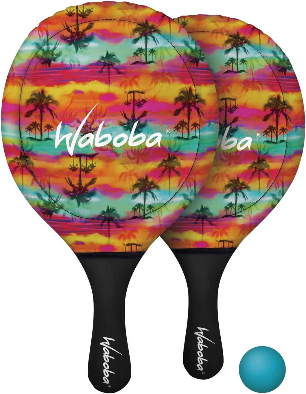 Kolorowe paletki plażowe Waboba z tropical wzorem i niebieską piłką do gry na plaży