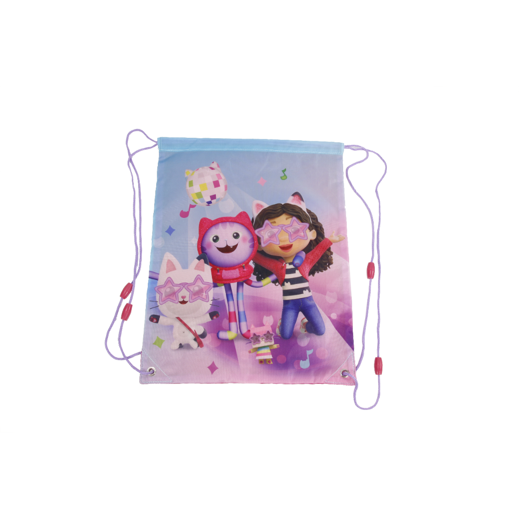 Gabby's Cat House Bag with colorful print of cartoon characters and pink strings.