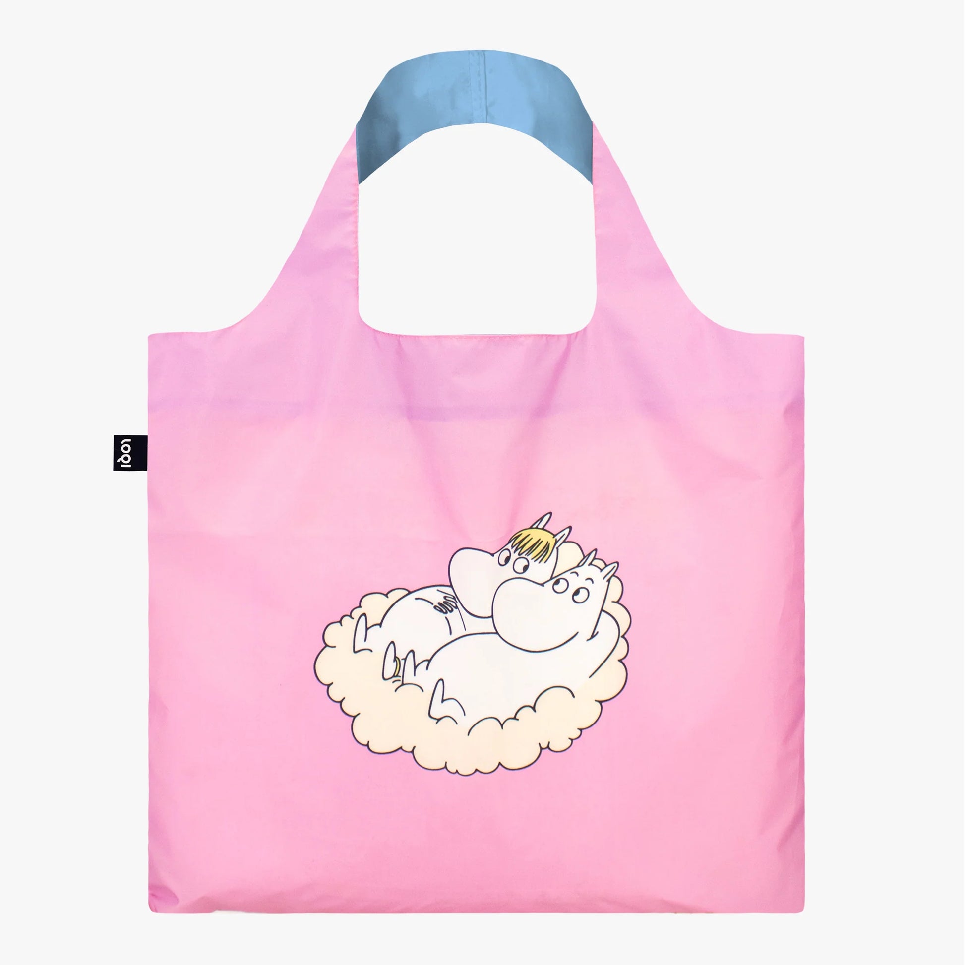 Różowa torba ekologiczna Moomin LOQI z nadrukiem Muminków odporny materiał i wygodne uchwyty