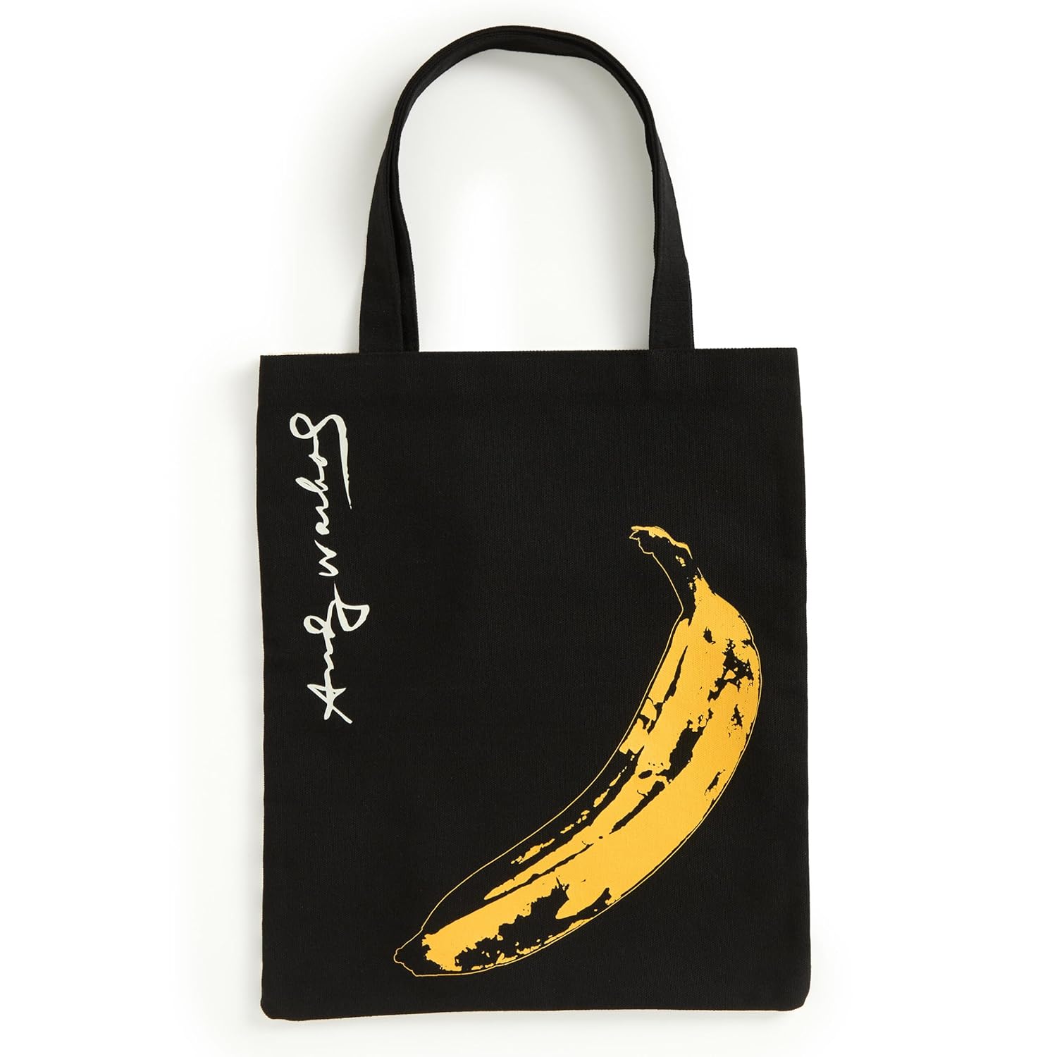 Czarna torba podręczna Warhol Banana z żółtym nadrukiem banana i białym podpisem Andy Warhol