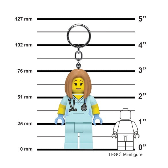 brelok LEGO weterynarka z minifigurką kobiety w niebieskim uniformie i stetoskopem