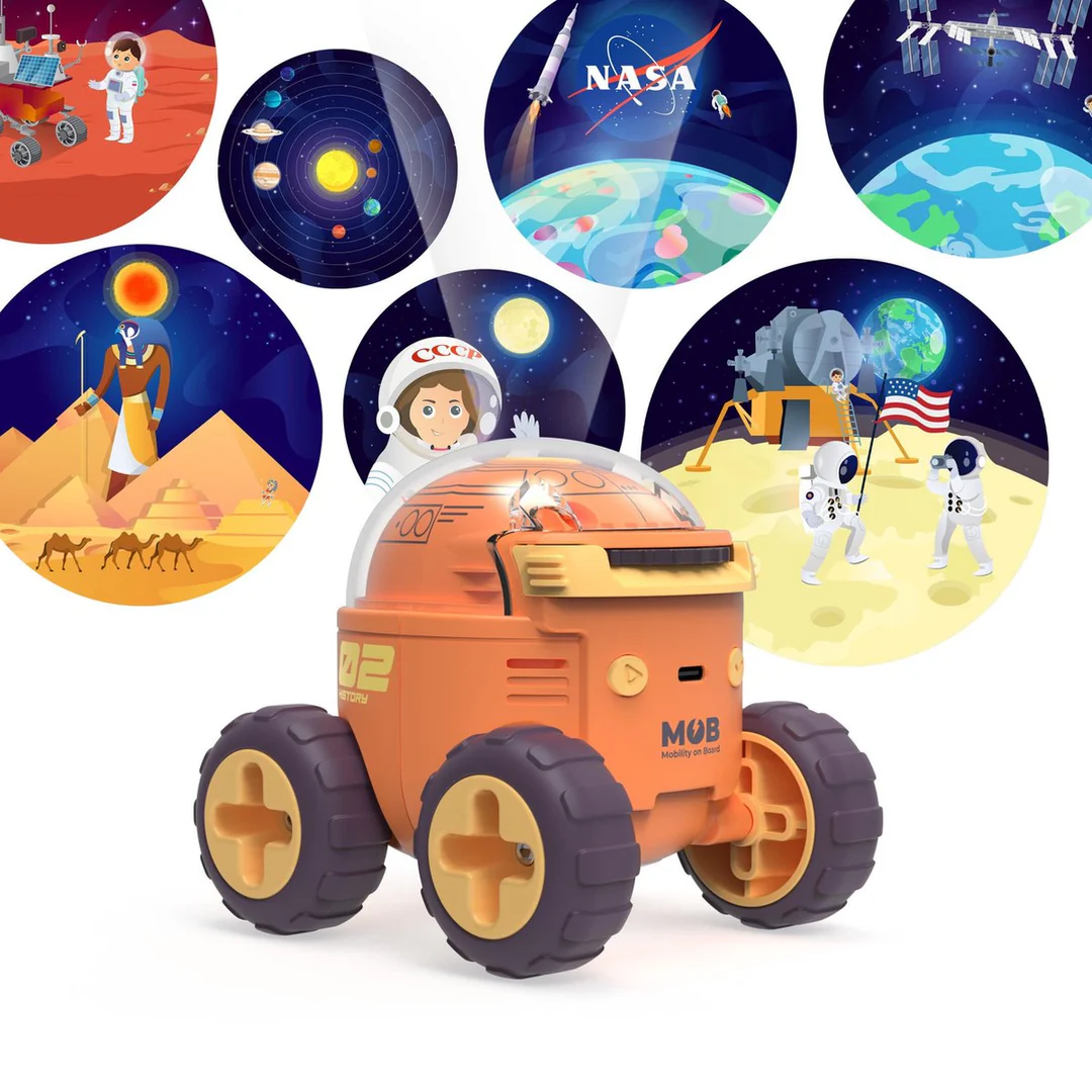 Projektor kosmiczny dla dzieci MOB w kształcie robota z ilustracjami kosmosu i astronautów