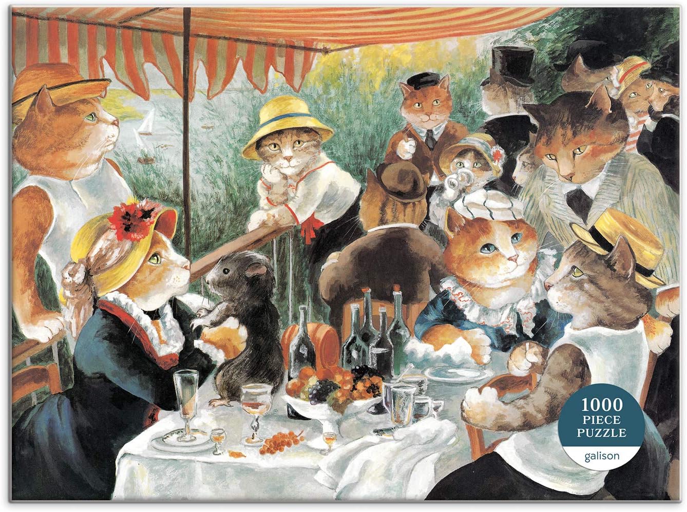 Puzzle 1000 elementów dla dorosłych z obrazem kotów ubranych w vintage stroje przy stole na pikniku