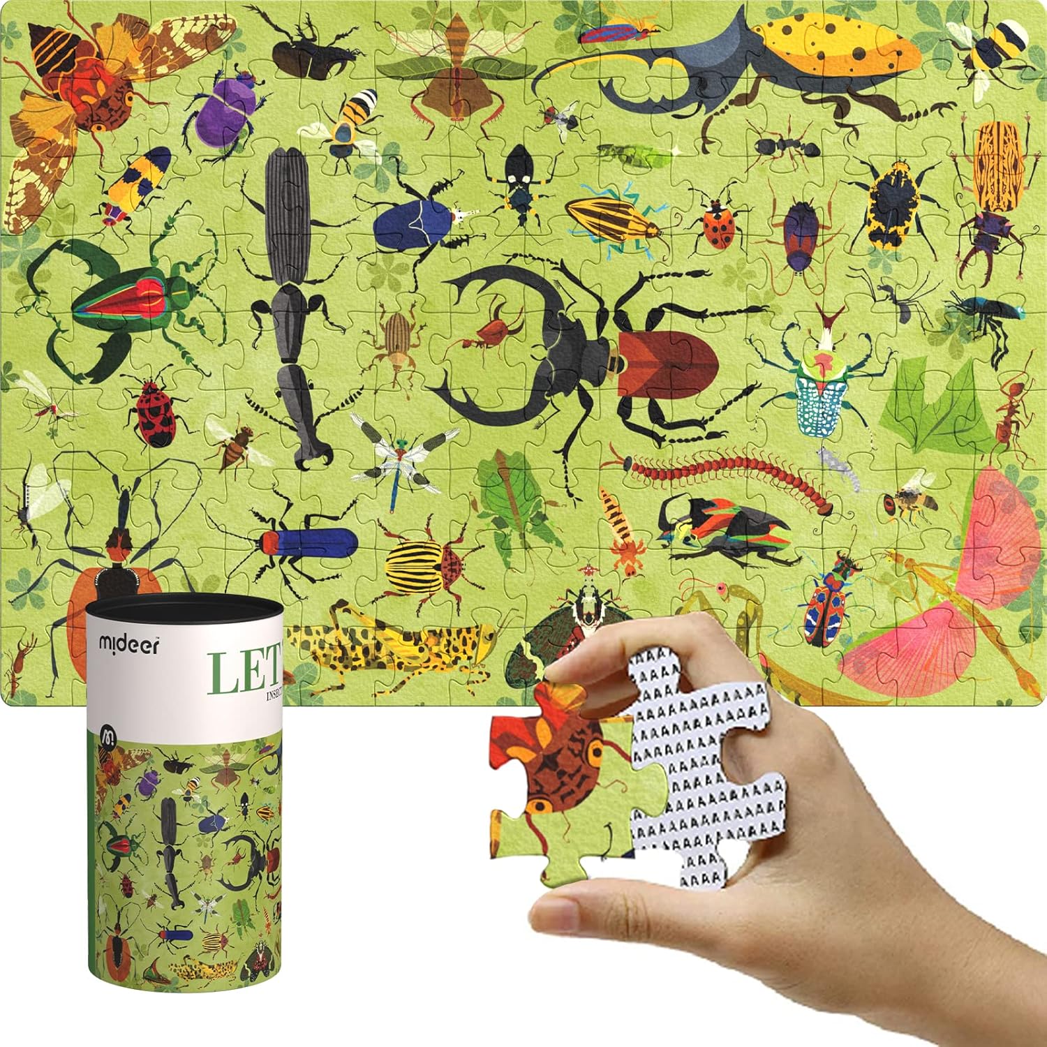 Puzzle owady dla dzieci marki mideer z różnorodnymi kolorowymi owadami na zielonym tle