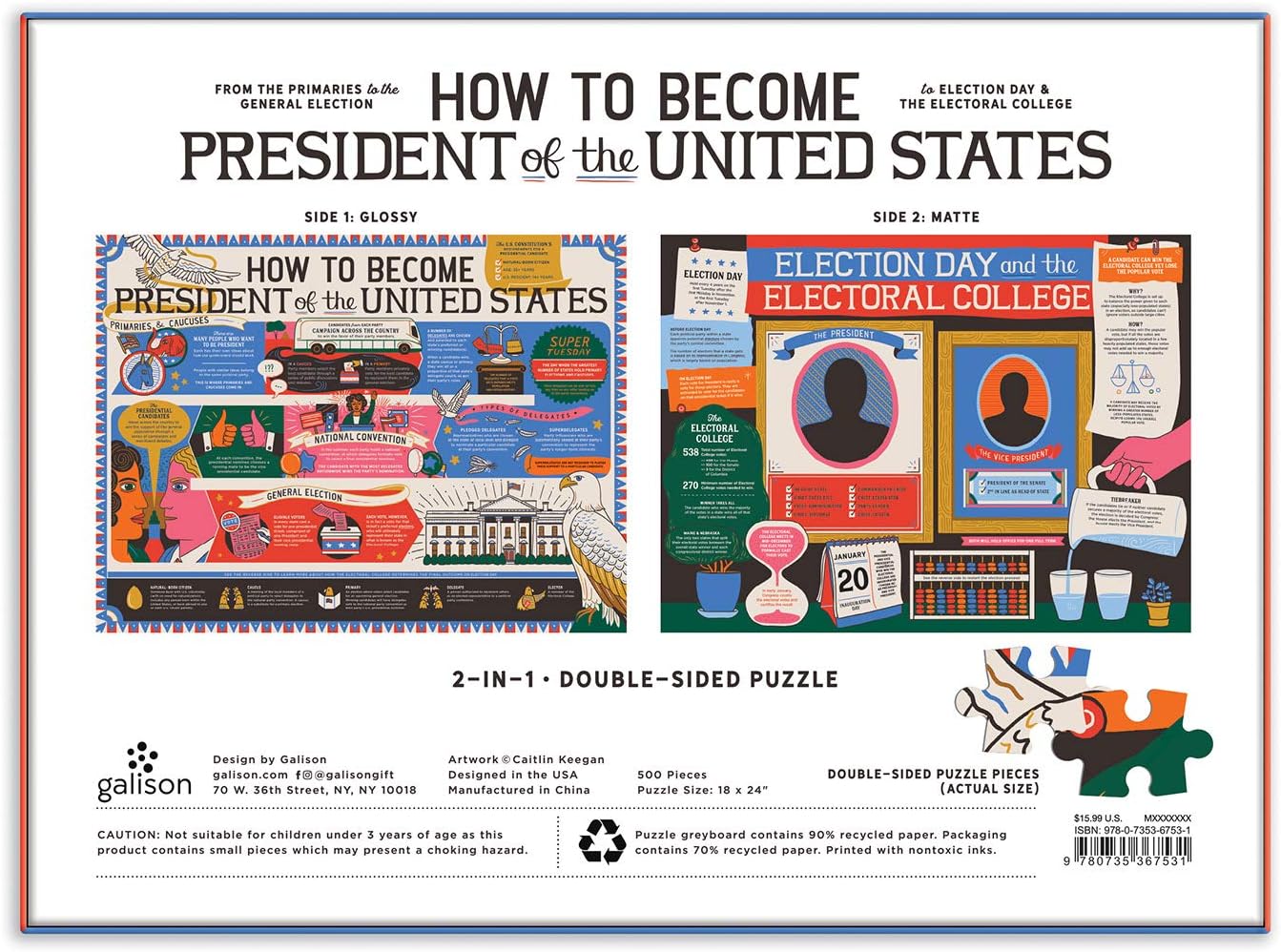 Puzzle bifacciale Galison - Come diventare Presidente degli USA (500 pezzi)