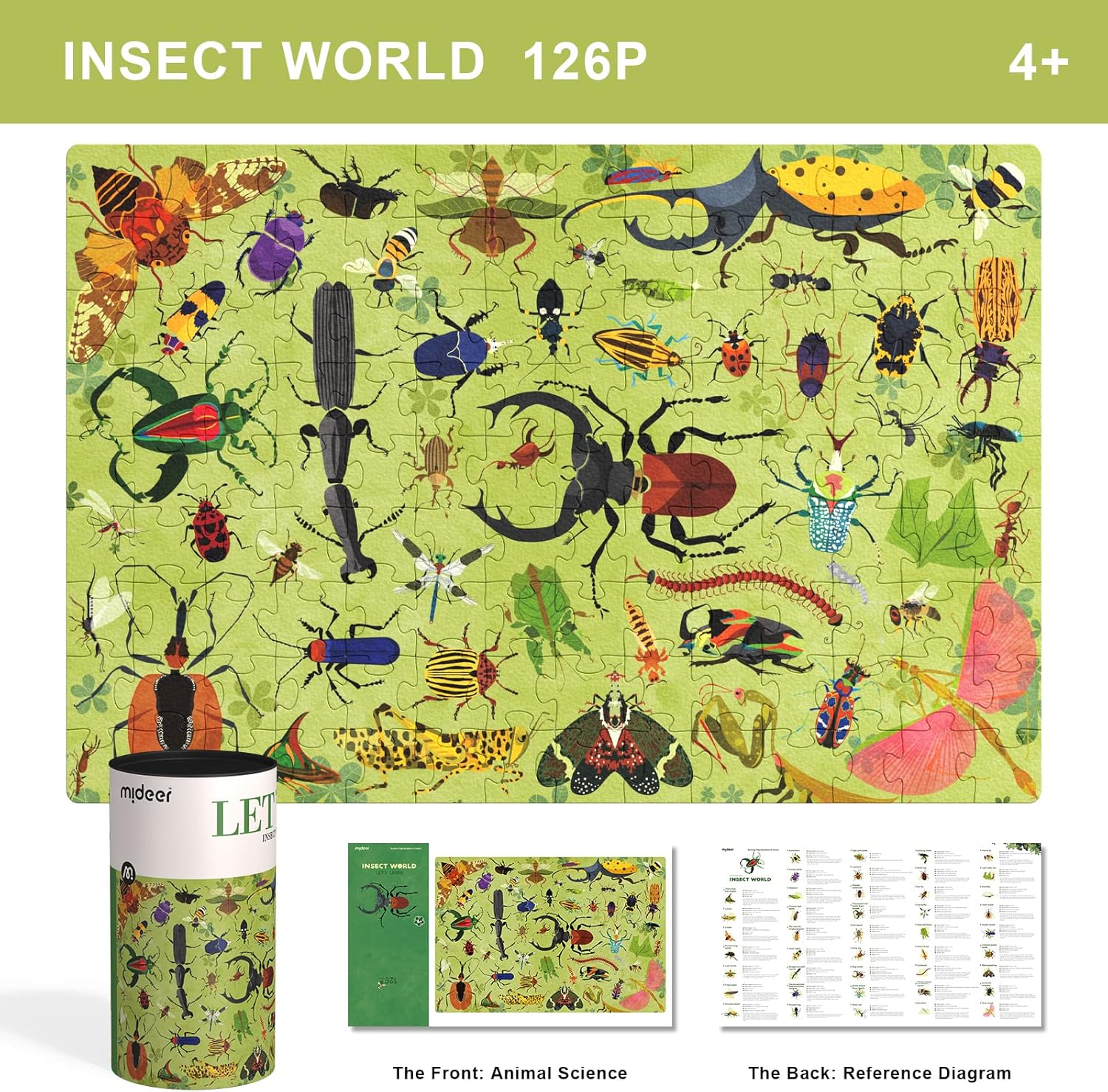 Puzzle owady dla dzieci od Mideer z 126 elementami pokazujące różne gatunki owadów na zielonym tle