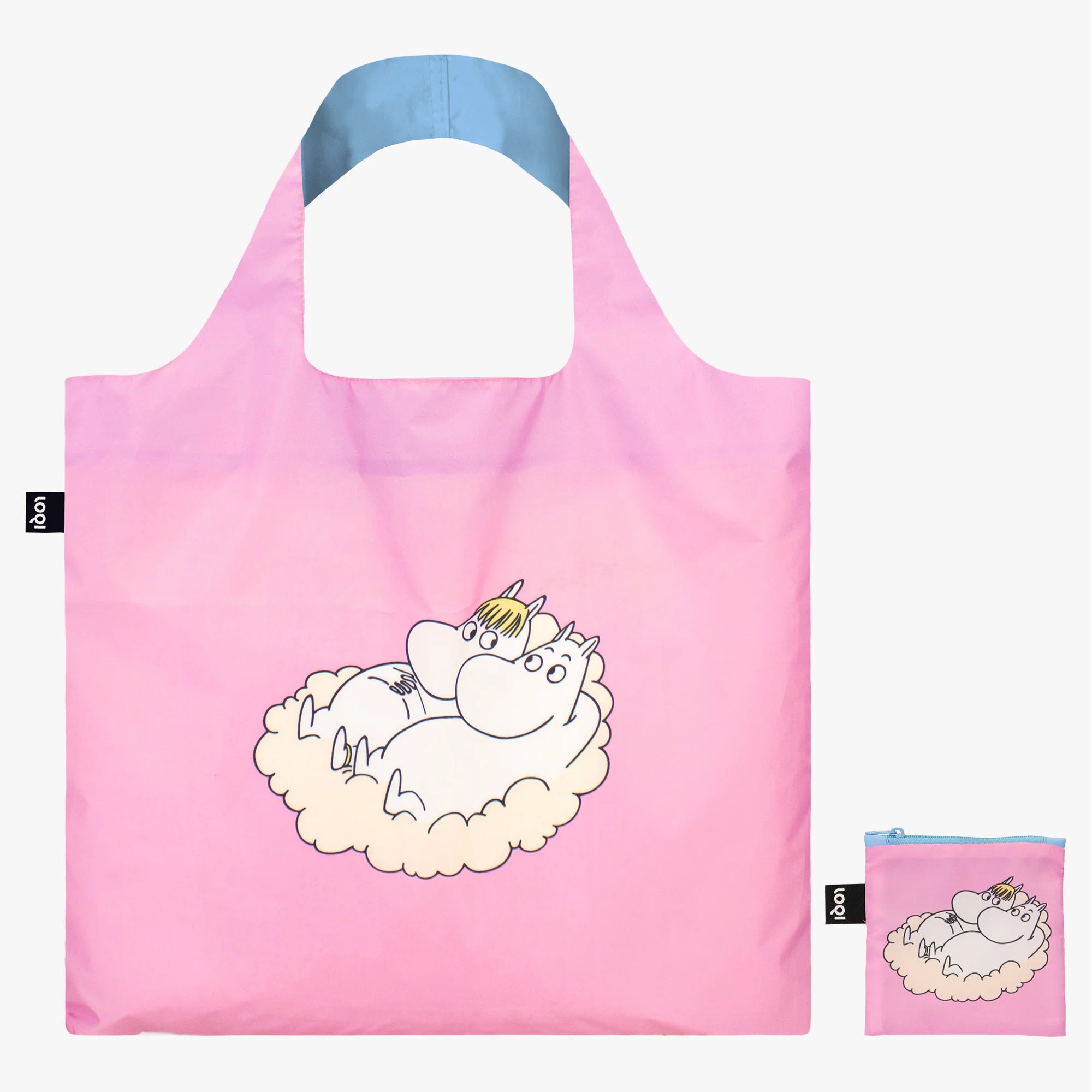 Różowa torba ekologiczna Moomin LOQI z nadrukiem Muminków leżących na chmurce