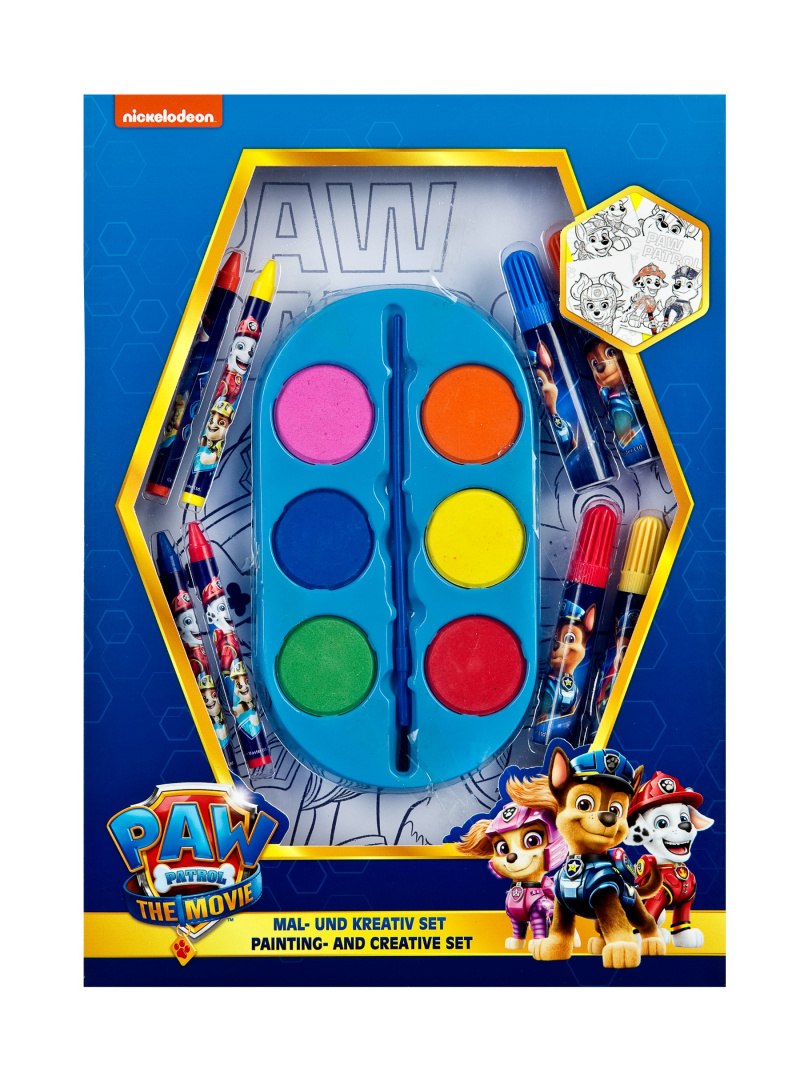 Livro de colorir Paw Patrol com tintas e giz de cera em um conjunto para pintura e diversão criativa