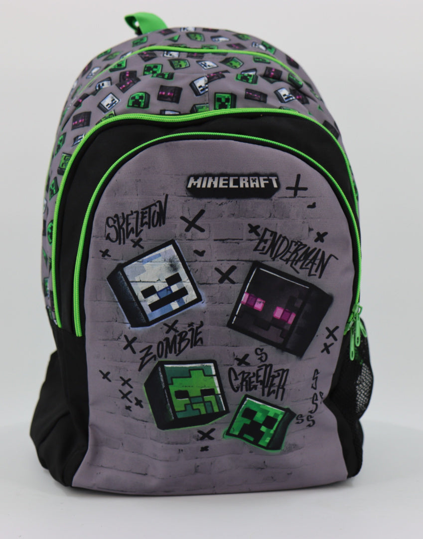 Plecak Minecraft dla dzieci z motywami postaci Skelet, Enderman, Zombie i Creeper w odcieniach szarości i zieleni