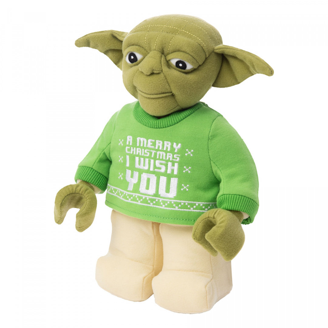pluszak Yoda LEGO Star Wars w zielonym świątecznym swetrze z napisem A Merry Christmas I Wish You