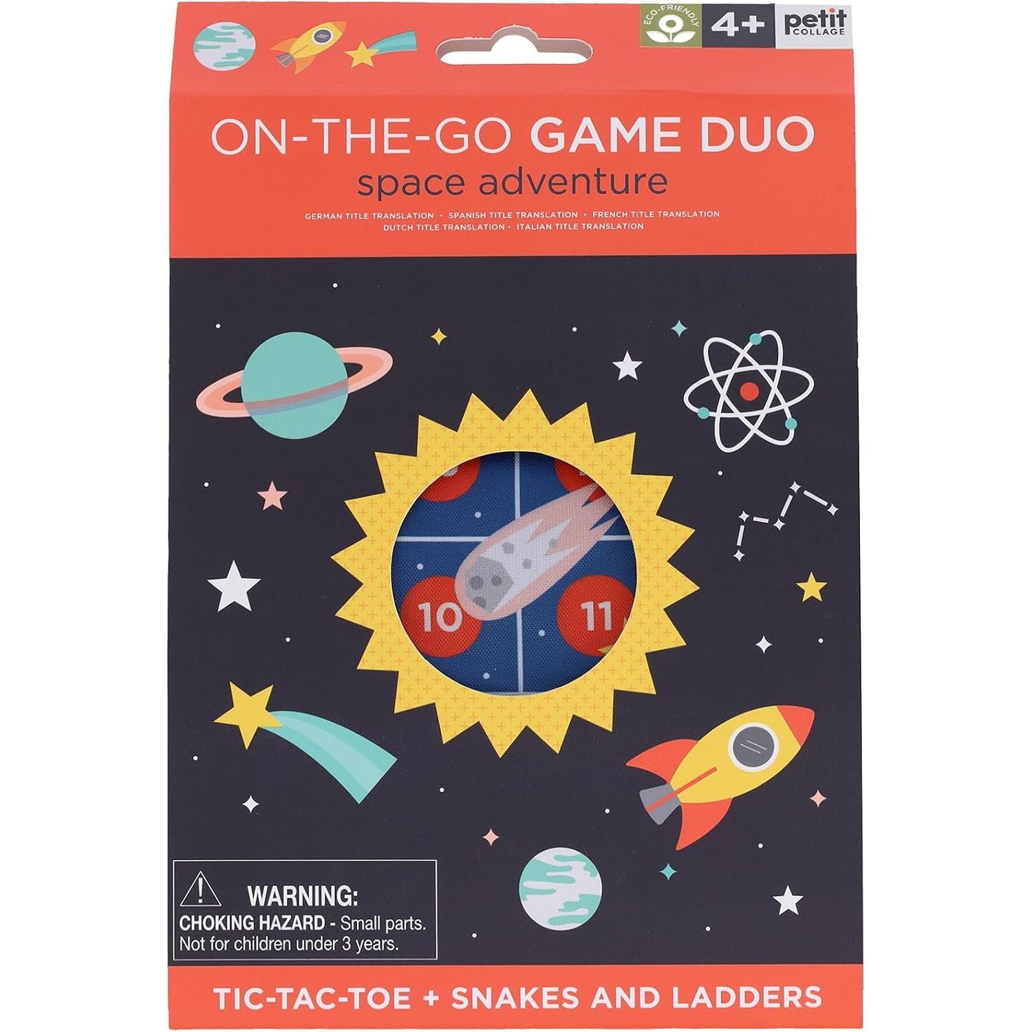 Gra podróżna dla dzieci Yamann ON-THE-GO GAME DUO z kosmiczną przygodą i układem kółko i krzyżyk oraz grą w węże i drabiny