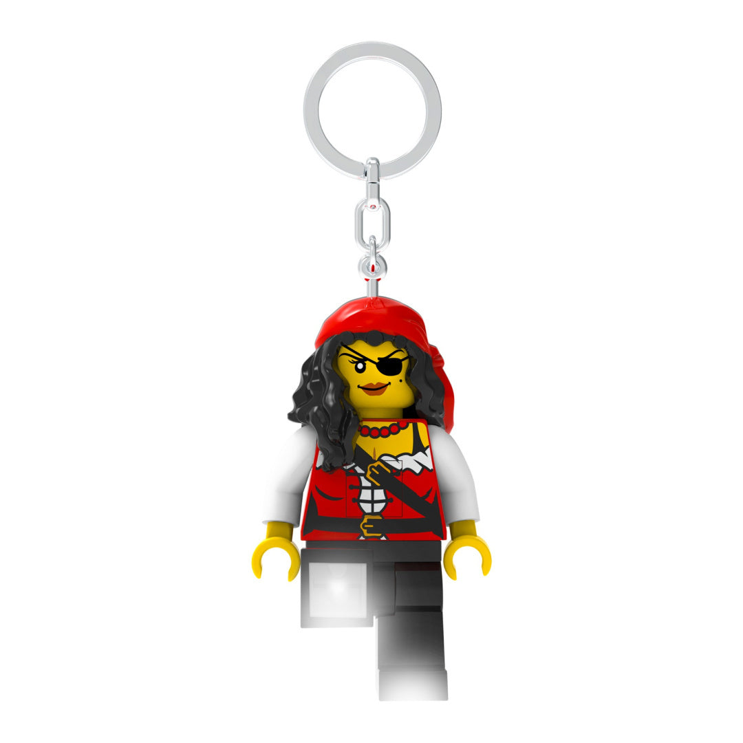 MOB brelok z latarką LEGO piratka z czerwonym beretem i czarną opaską na oku