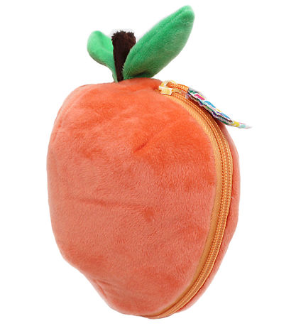 Pluszak żółw brzoskwinia w kształcie miękkiego owocu z zamkiem i zielonymi liśćmi