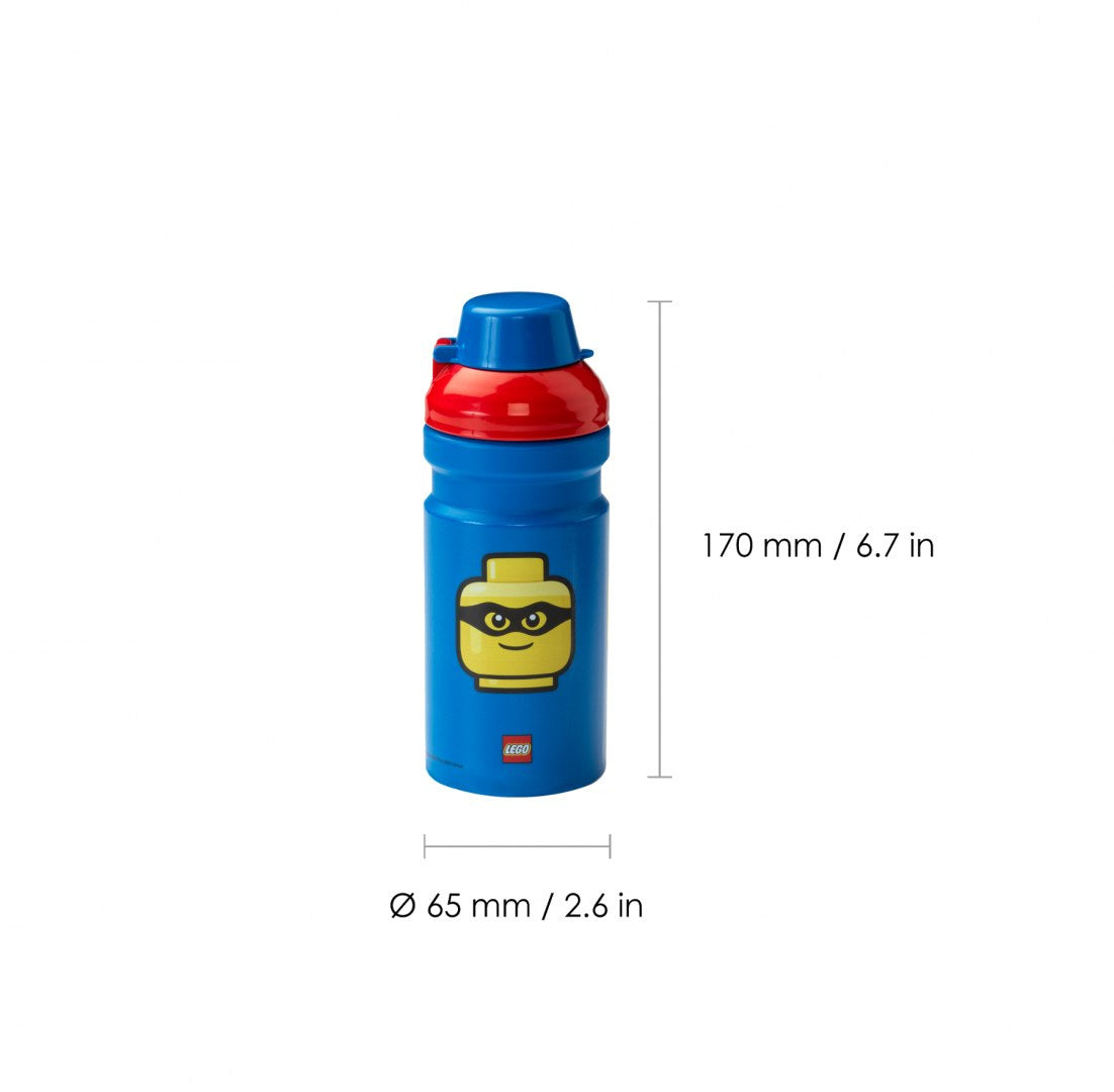 Niebieski bidon LEGO dla dzieci z czerwoną nakrętką i grafiką minifigurki LEGO