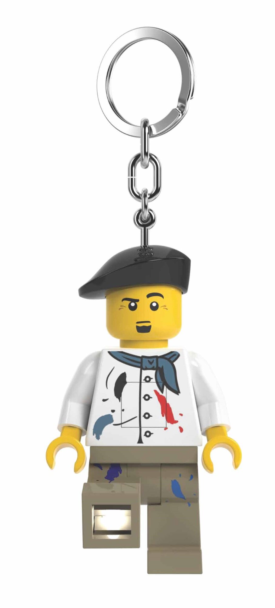 Brelok LEGO z latarką przedstawiający minifigurkę kucharza z czapką i kolorowymi plamami na ubraniu