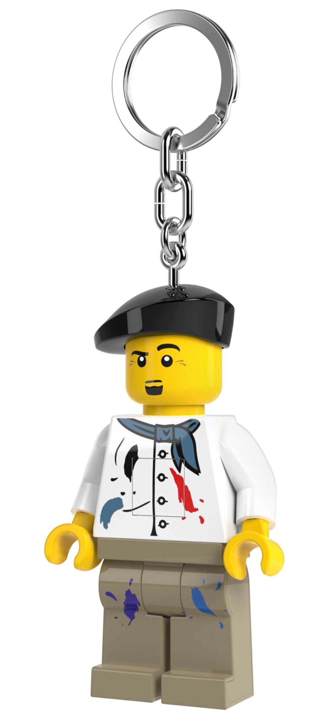 Brelok LEGO z latarką przedstawiający figurkę artysty z czapką i kolorowymi plamami farby