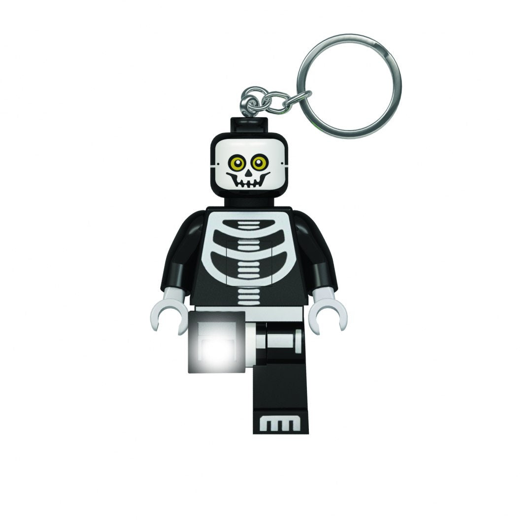 Czarny brelok LEGO z latarką w kształcie figurki szkieletu z jasno świecącą diodą LED