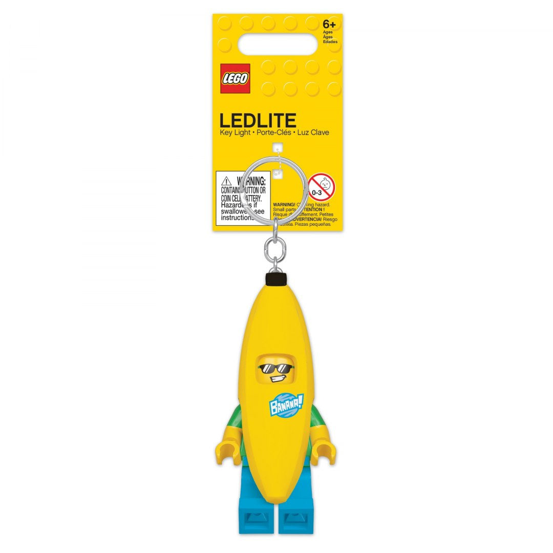 Brelok z latarką LEGO postać bananowa z opakowaniem na żółtym tle MOB