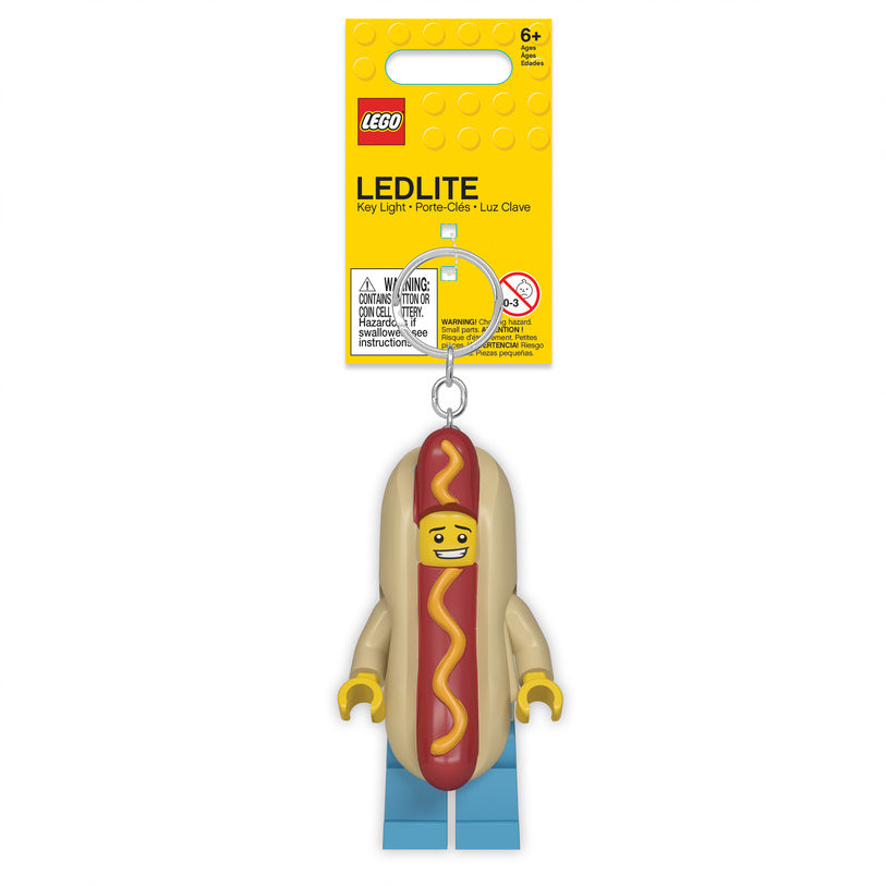 brelok LEGO z latarką w kształcie minifigurki hot doga z uśmiechniętą twarzą i niebieskimi spodniami