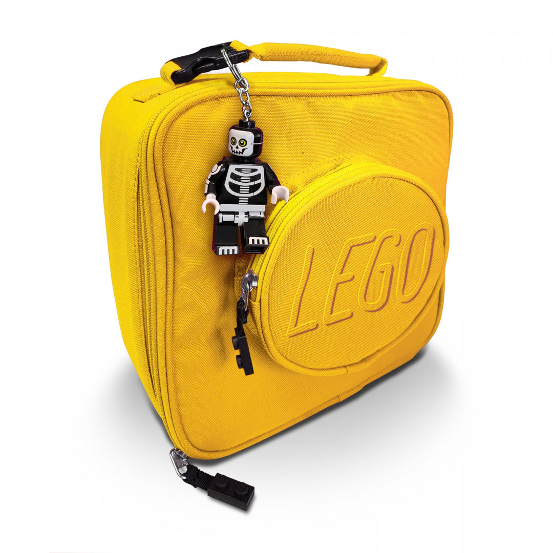 Brelok LEGO z latarką w kształcie czarnego szkieletu na żółtej torbie LEGO
