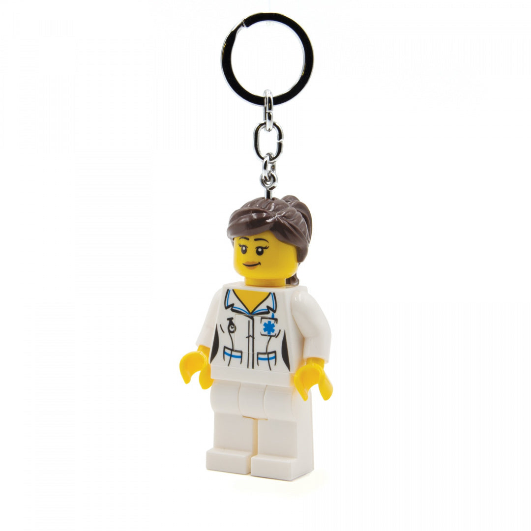 brelok pielęgniarka LEGO postać w białym uniformie medycznym z brązowymi włosami w kucyk