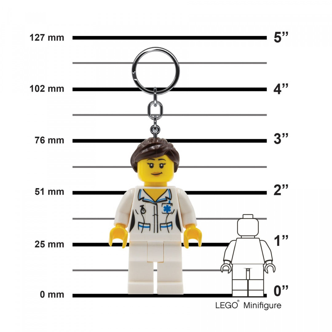 Brelok pielęgniarka LEGO w formie minifigurki z białym uniformem i brązowymi włosami