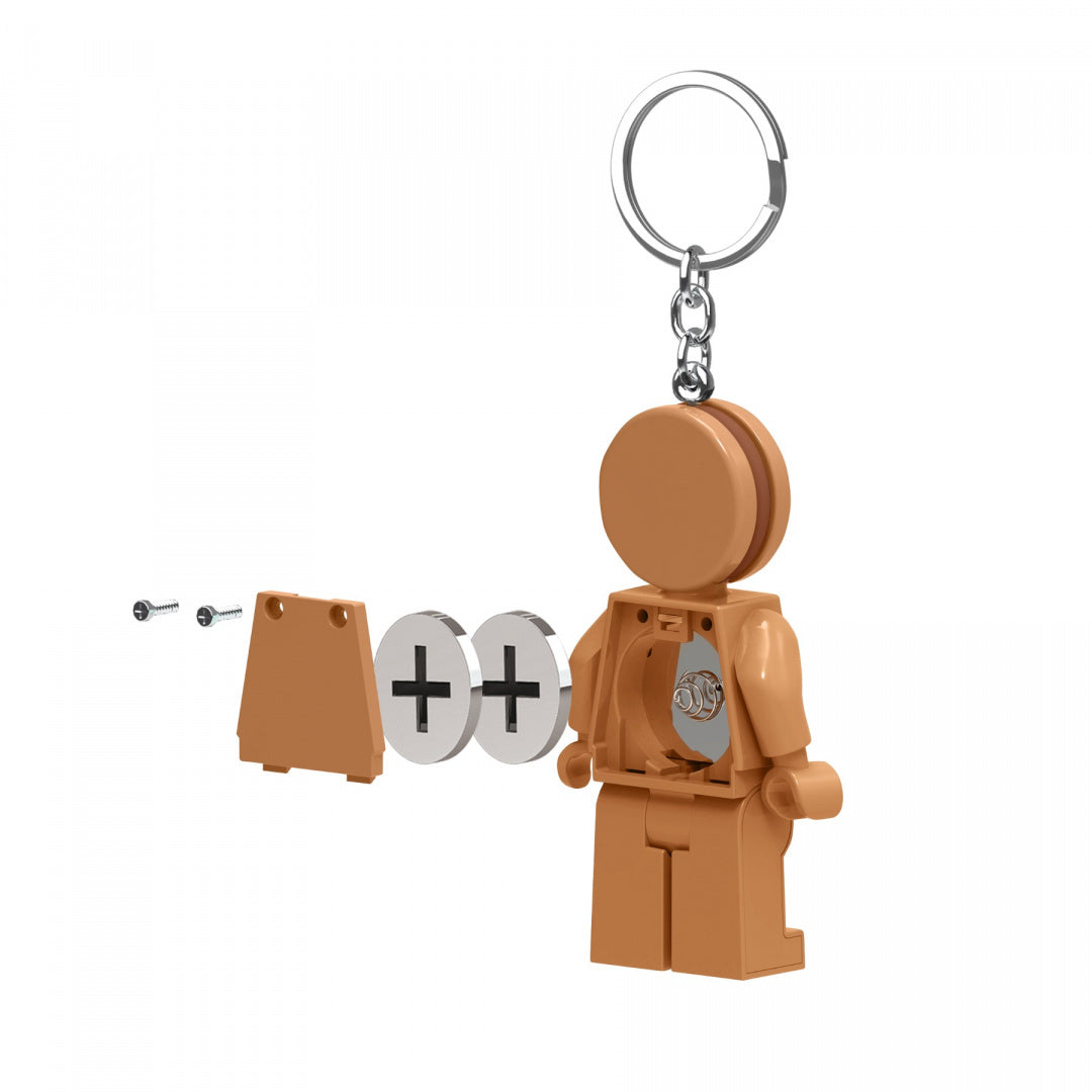 MOB brelok LEGO piernikowy ludek z metalowym kółkiem, pokazujący wnętrze figurki i części