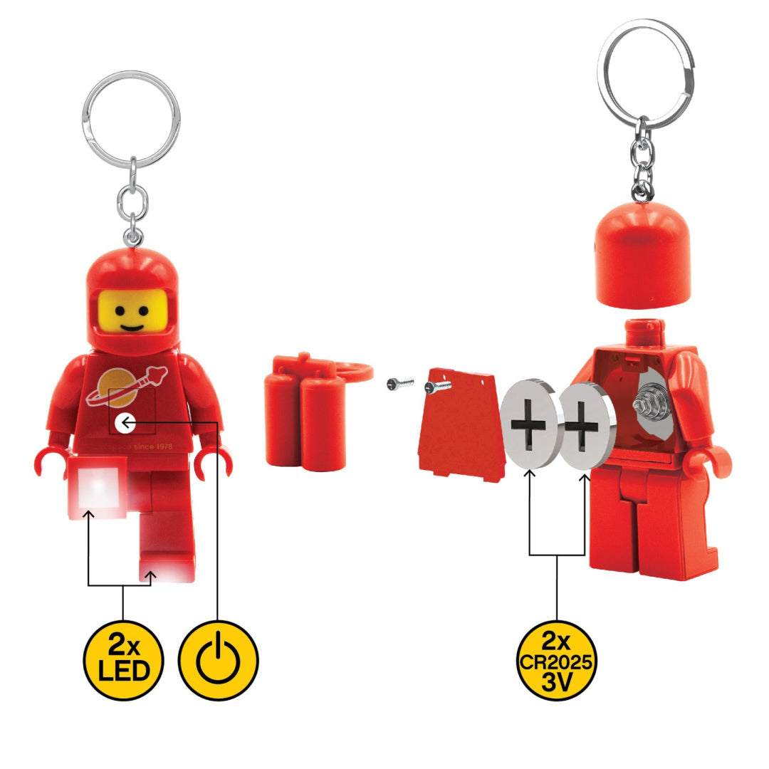 brelok LEGO czerwony astronauta z diodami LED i wymiennymi bateriami CR2025