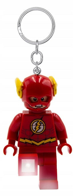 brelok LEGO Flash z latarką w kształcie minifigurki superbohatera z czerwoną maską i żółtymi akcentami