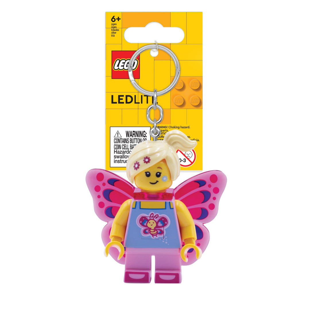 Brelok z latarką LEGO motylek z różowymi skrzydłami i fioletowym ubraniem od MOB