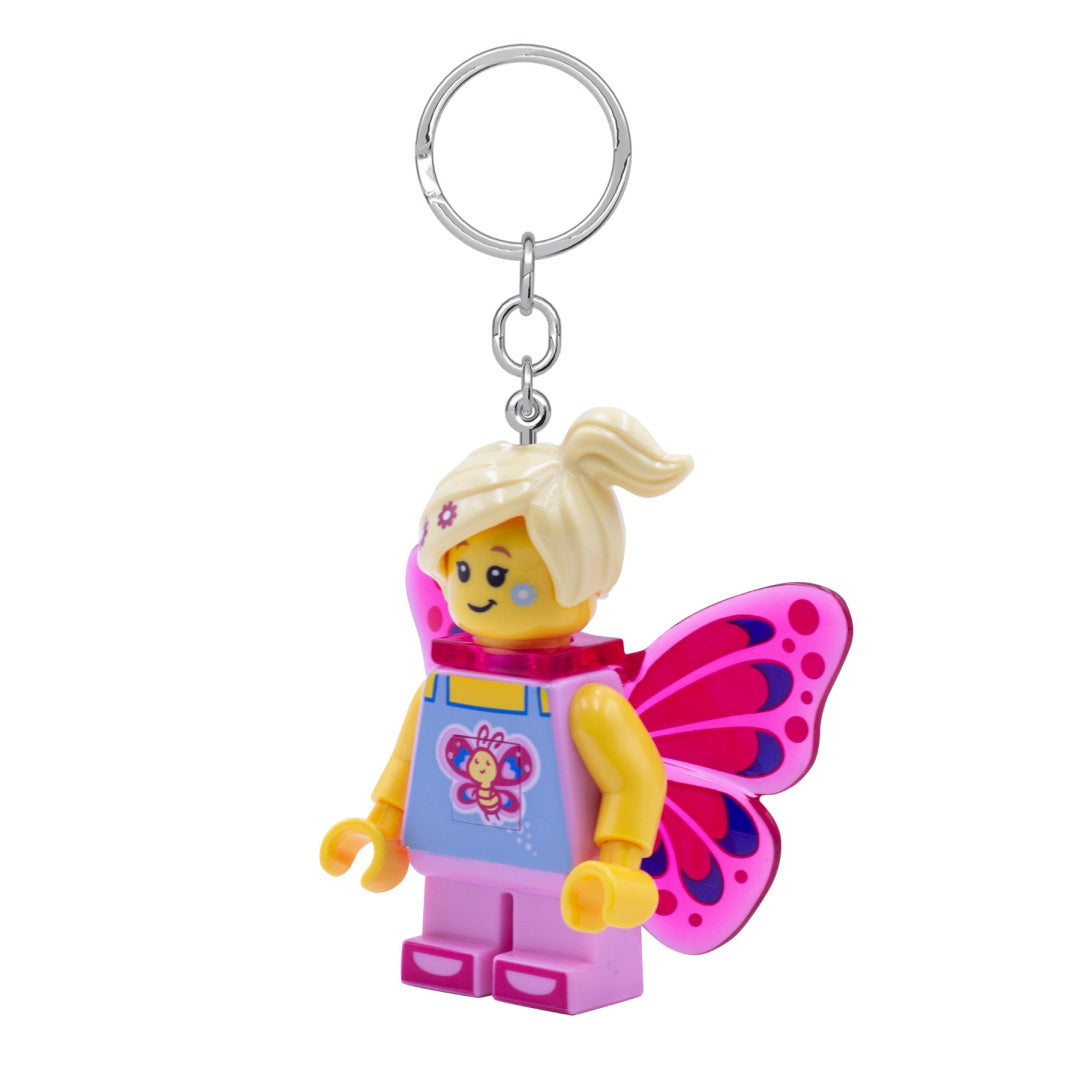 Brelok z latarką LEGO motylek z żółtą figurką LEGO i różowymi skrzydłami motyla