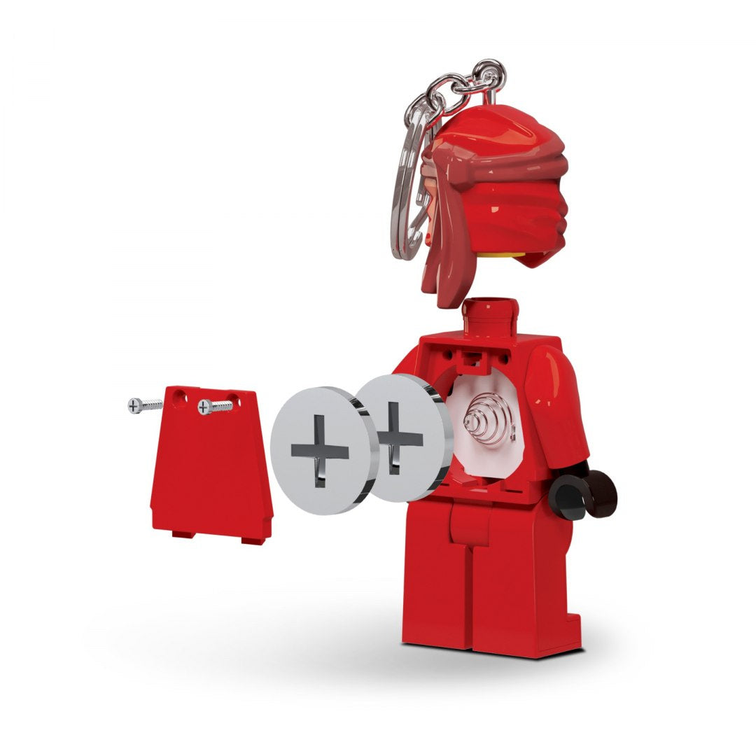 Czerwony brelok klocka LEGO postać z ruchomym wnętrzem i zdejmowaną tylną częścią