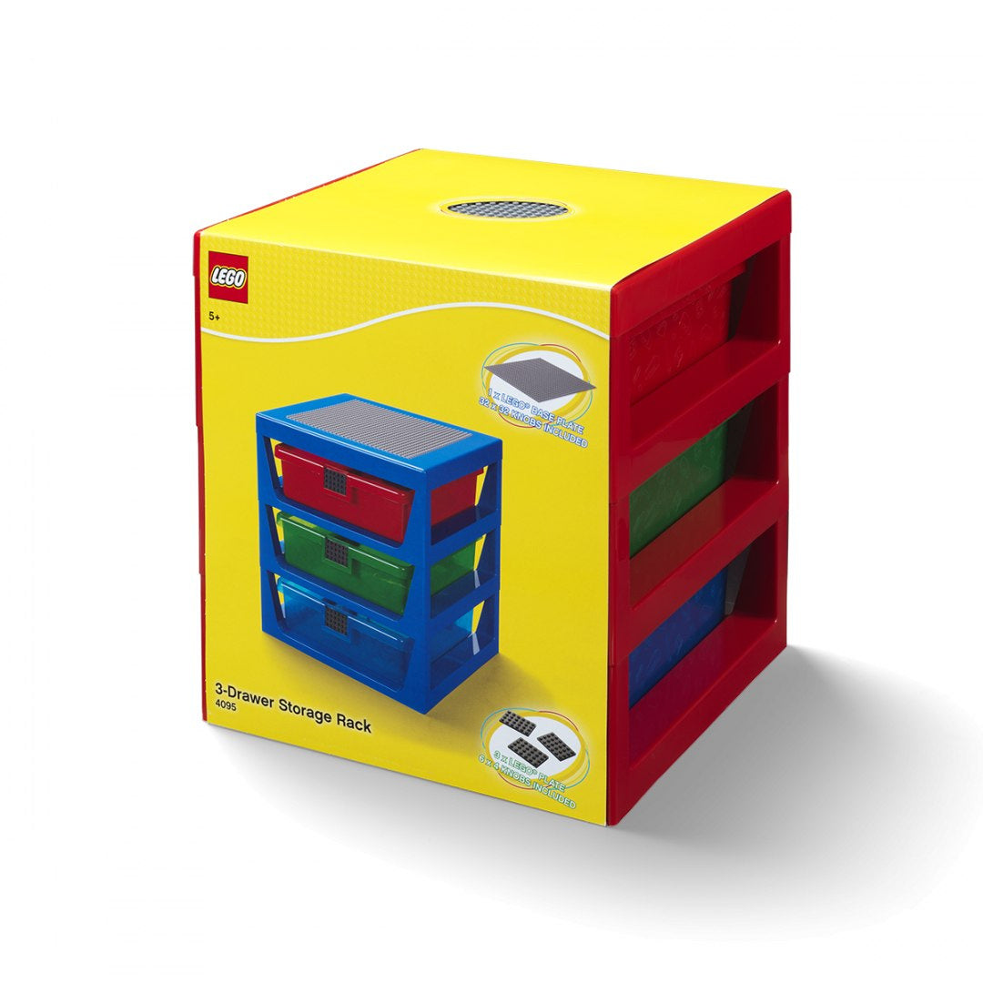 LEGO regał LEGO z szufladami na zabawki i klocki w trzech kolorach niebieski, czerwony, zielony