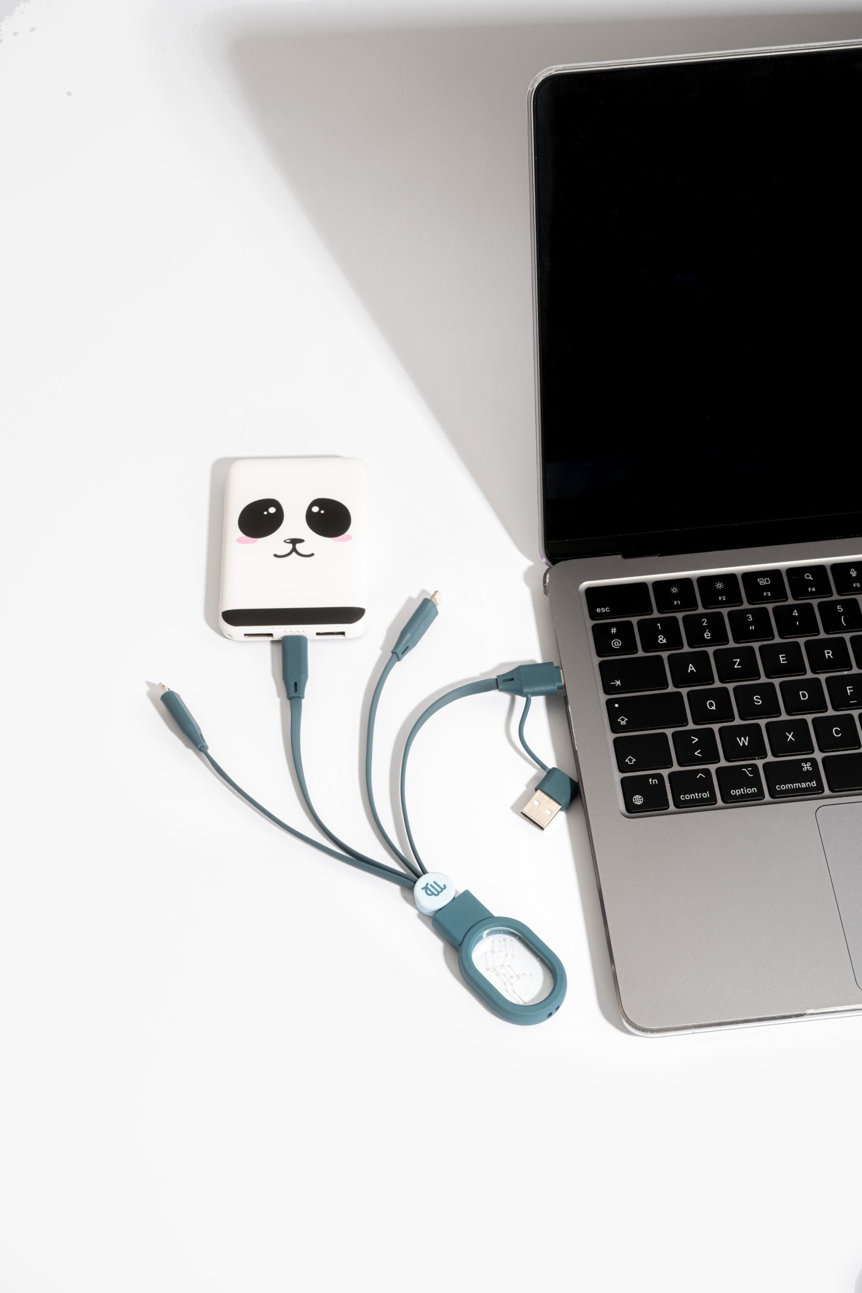 Wieloportowy kabel 5 w 1 do ładowania podłączony do laptopa i power banka z motywem pandy