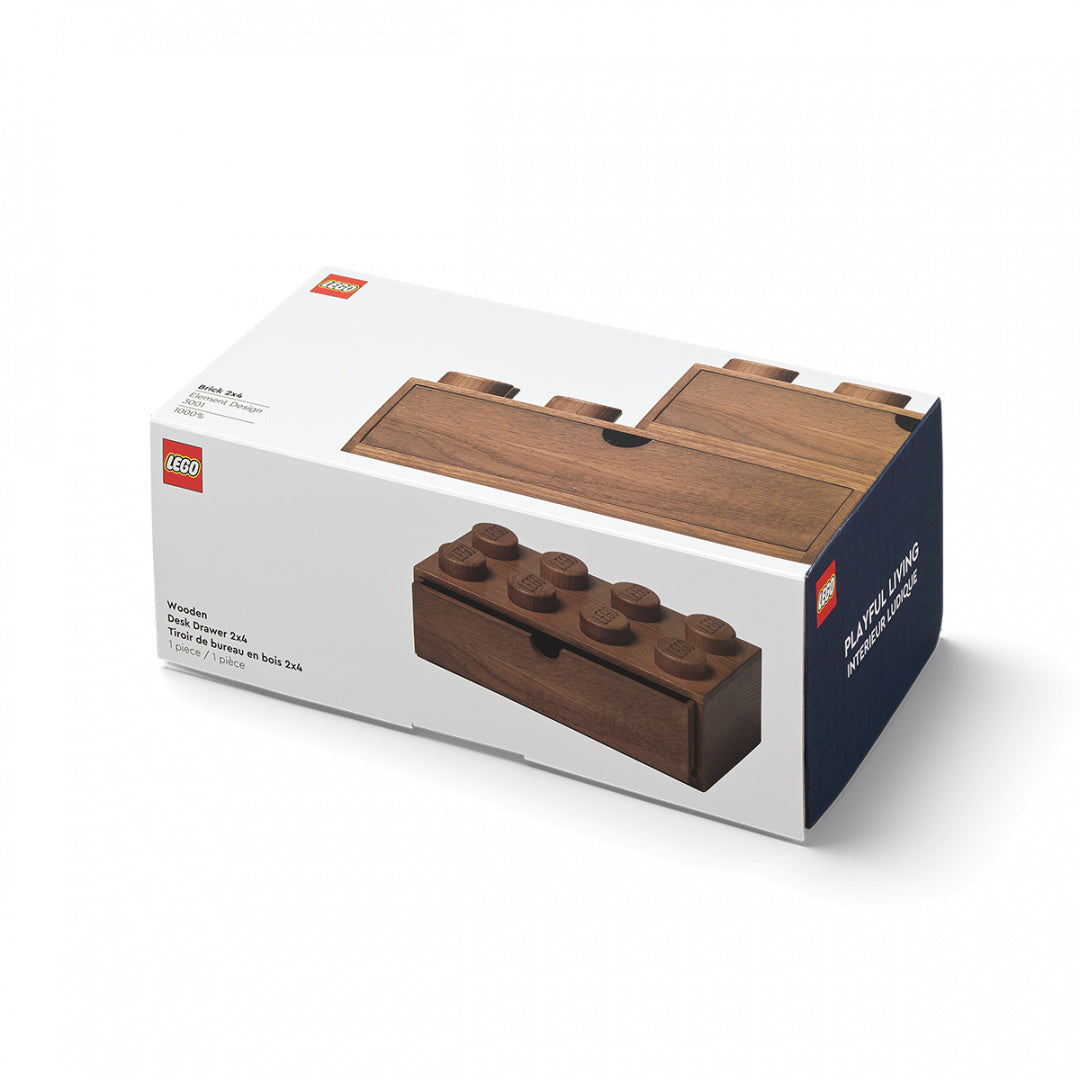 drewniana szufladka LEGO na biurko w kształcie klocka LEGO w opakowaniu BV JACOB COMPANY