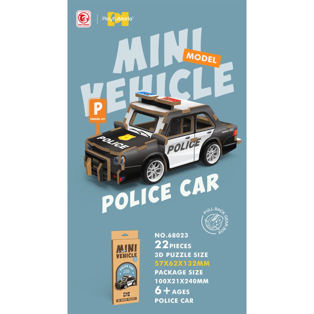 drewniane puzzle 3D radiowóz policyjny czarno-biały model samochodu z 22 elementami