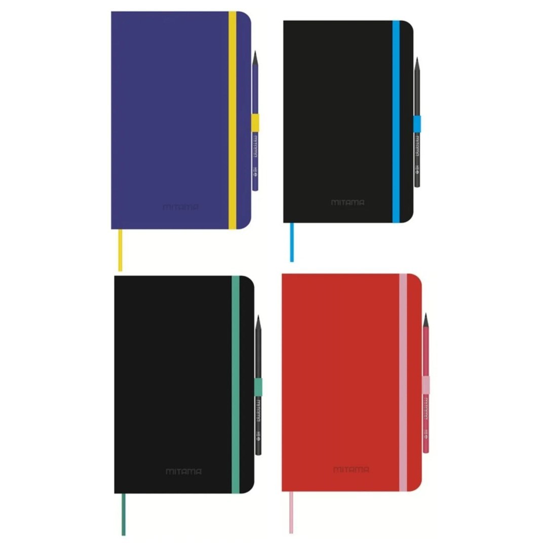 Großes Notizbuch MITAMA 13x21 in vier Farben mit einem Kugelschreiber und einem flexiblen Band