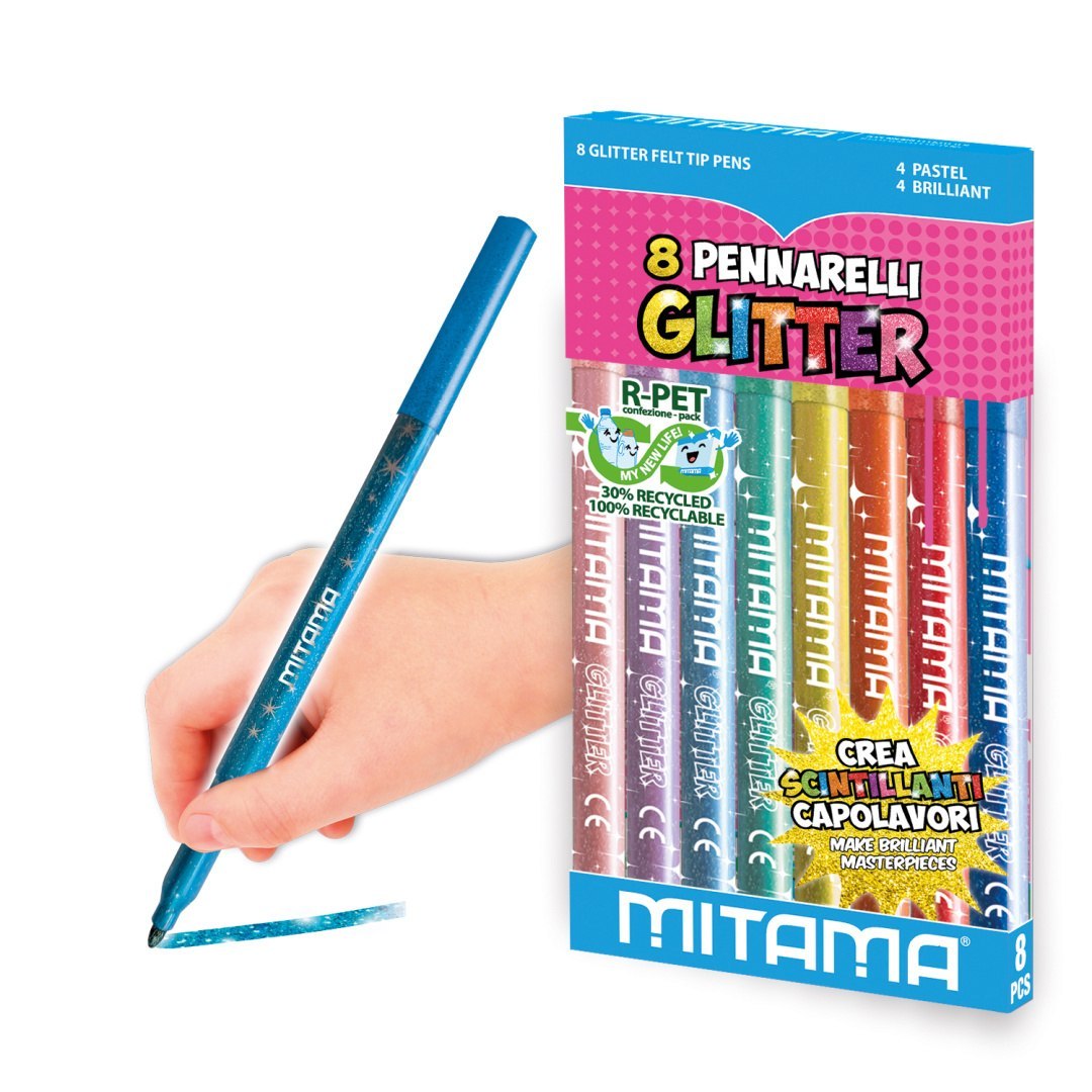 Zestaw 8 flamastrów brokatowych dla dzieci Mitama w różnych kolorach z opakowaniem BV JACOB COMPANY