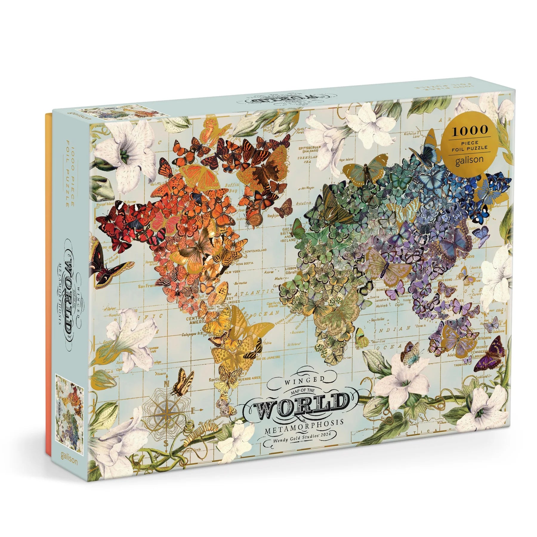 Puzzle 1000 elementów dla dorosłych mapa świata z motylami w różnych kolorach od Galison