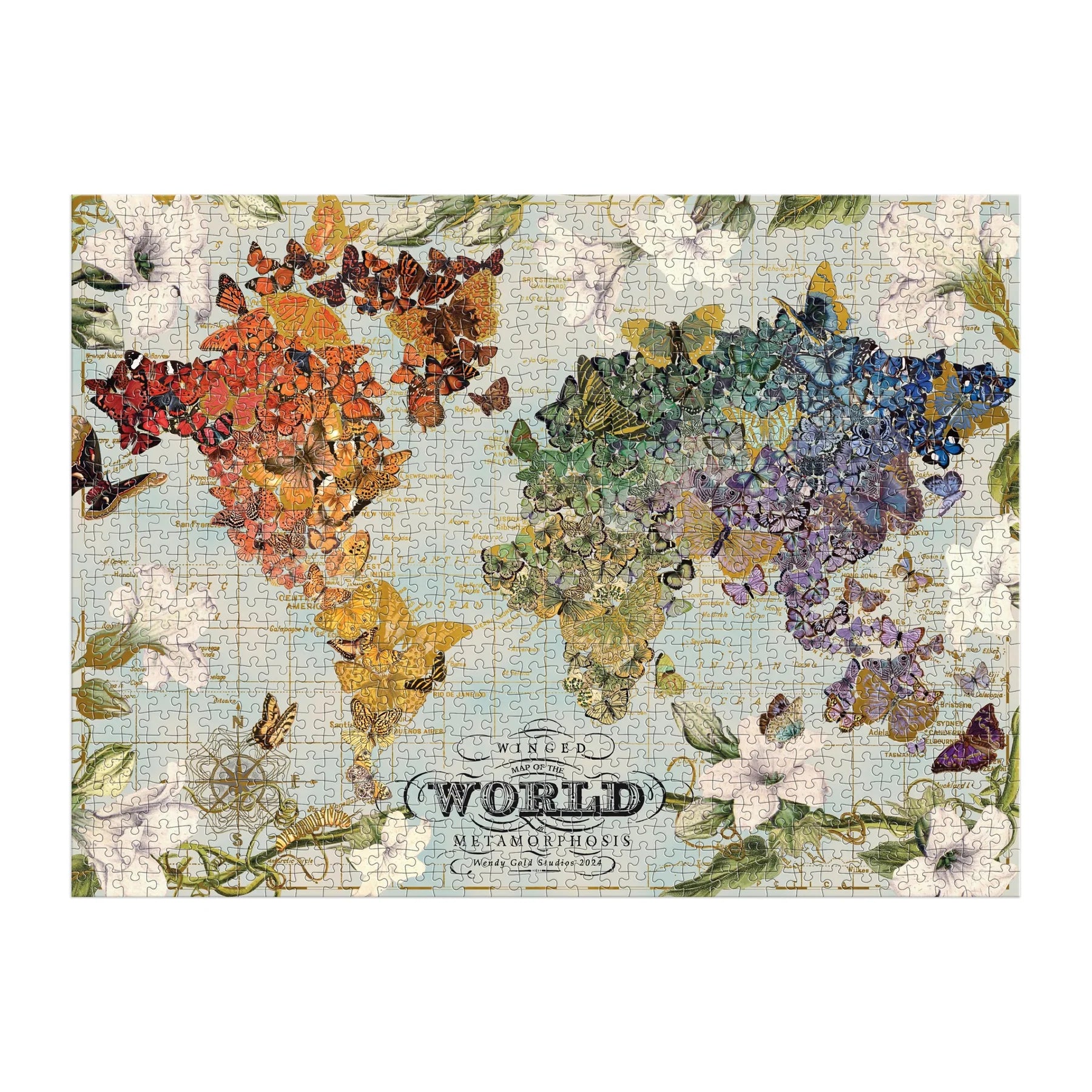 Puzzle 1000 elementów dla dorosłych z kolorową mapą świata ułożoną z motyli na tle kwiatów