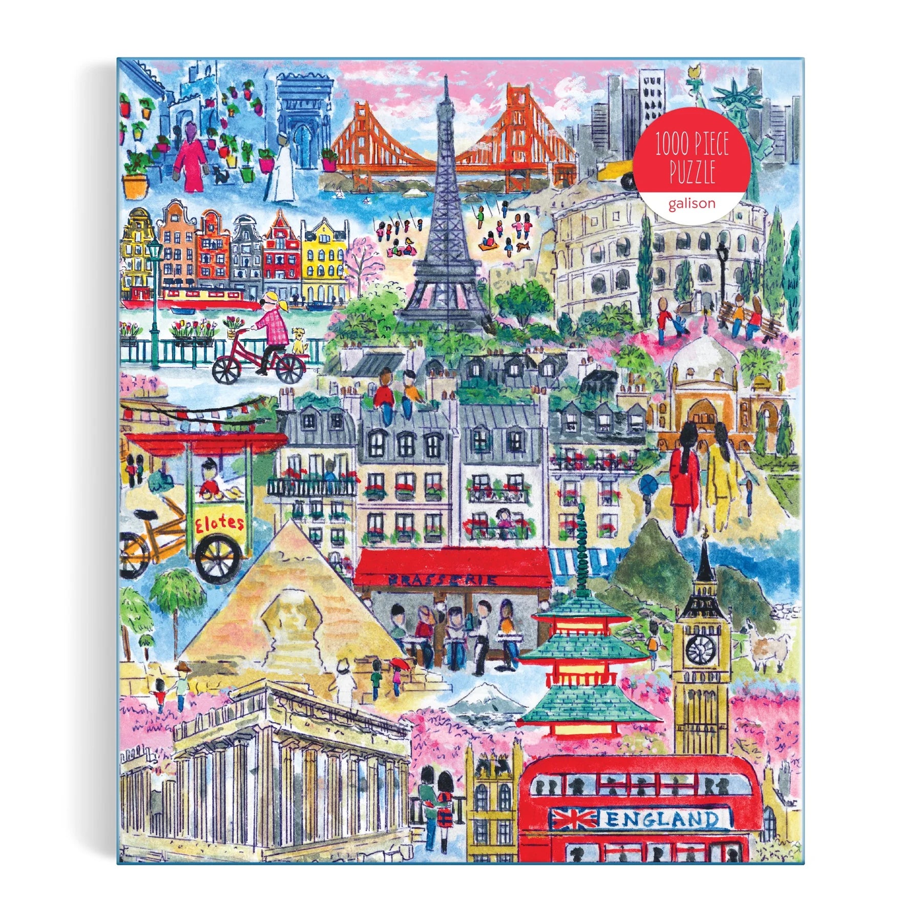 Kolorowe puzzle 1000 elementów miasta z ilustracjami znanych budynków i scen miejskich