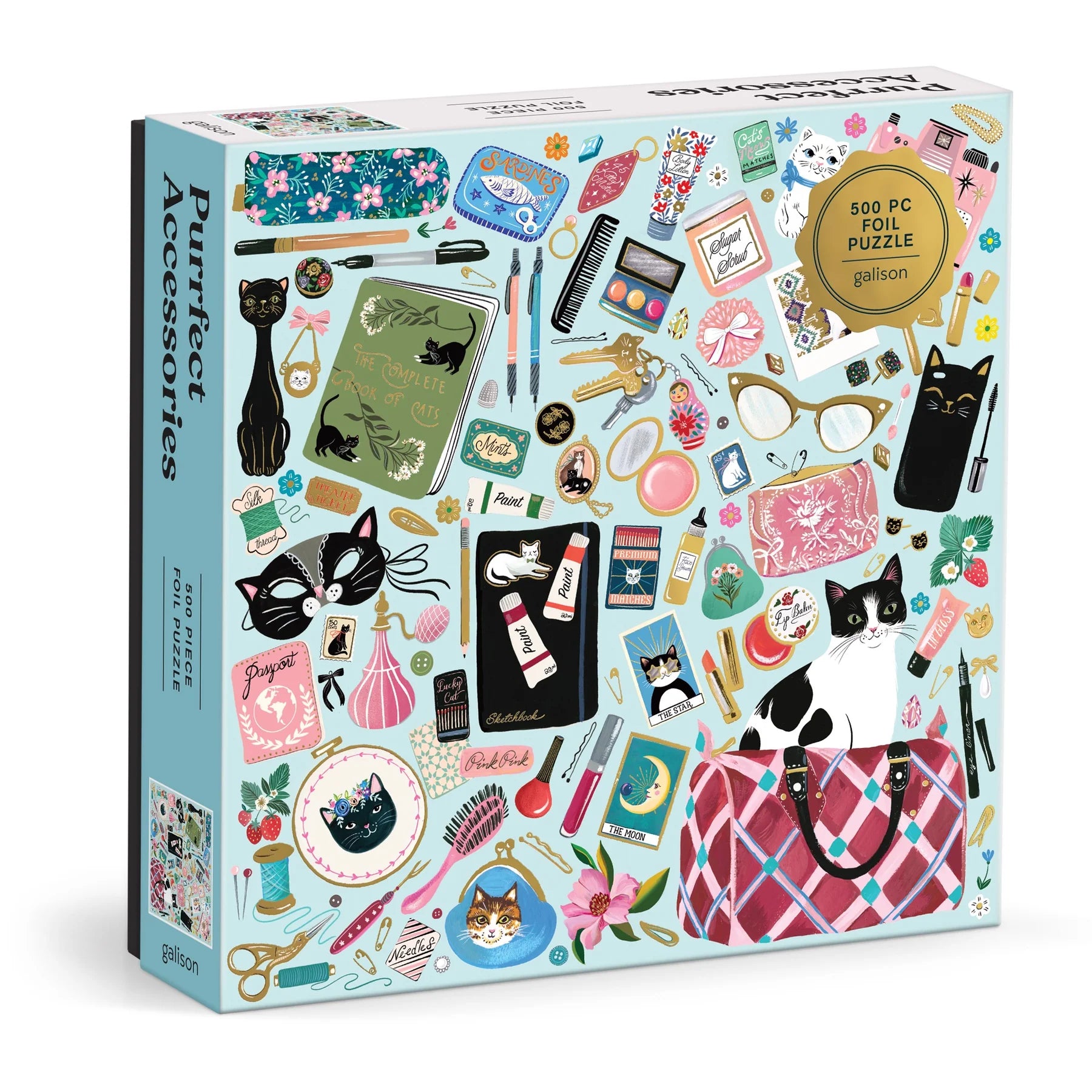 Puzzle Galison koty 500 elementów z kolorowymi ilustracjami akcesoriów i kotów