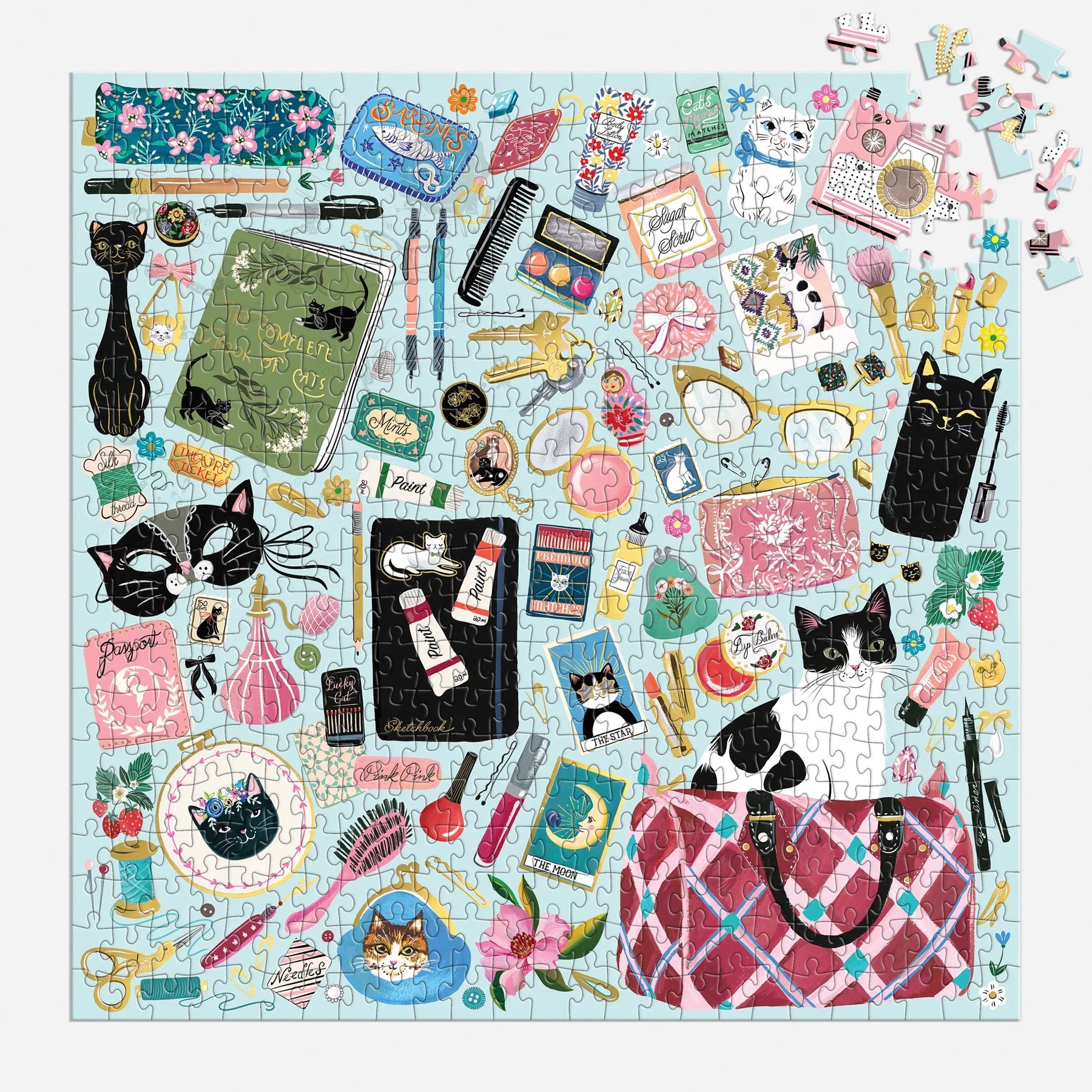 Puzzle Galison koty 500 elementów z kolorowymi ilustracjami kotów i przedmiotów codziennego użytku
