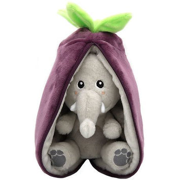 Peluche Flipetz elefante y berenjena, suave oso en una funda morada de berenjena con hojas verdes