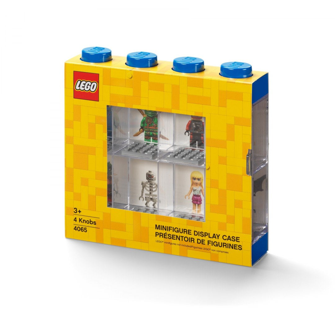 Żółta gablotka na minifigurki LEGO z przezroczystym frontem i miejscem na cztery figurki