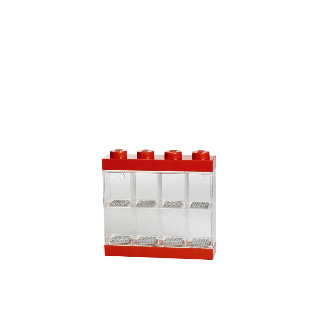 czerwona i przezroczysta gablotka na minifigurki LEGO z przegródkami do ekspozycji kolekcji