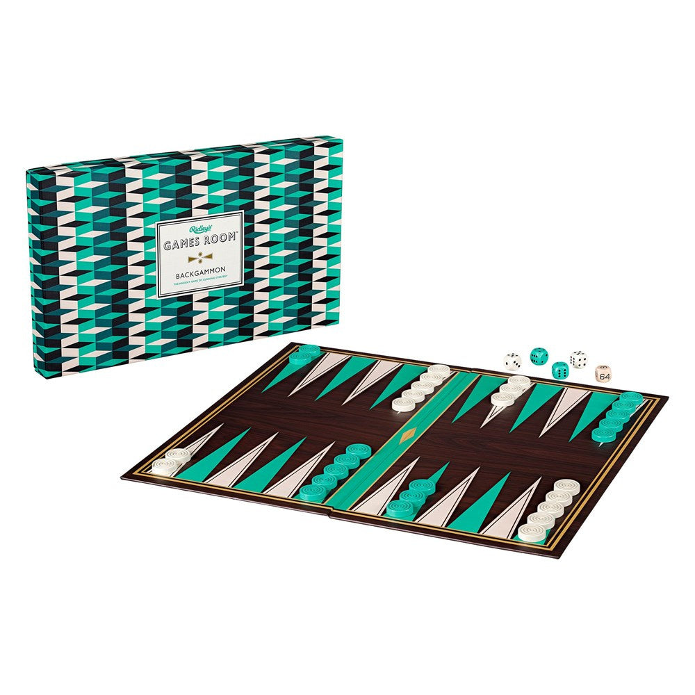Ridleys backgammon gra planszowa z drewnianą planszą i kolorowymi pionkami oraz eleganckim opakowaniem