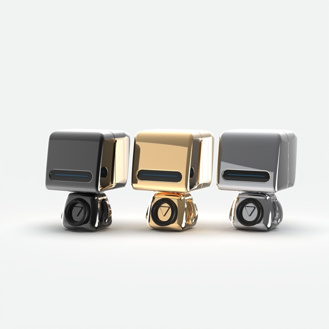 Trzy nowoczesne głośniki bezprzewodowe Astro w kolorach czarnym, złotym i srebrnym