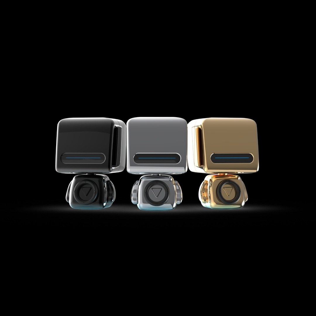 Trzy nowoczesne głośniki bezprzewodowe Astro w kolorach czarnym, srebrnym i złotym